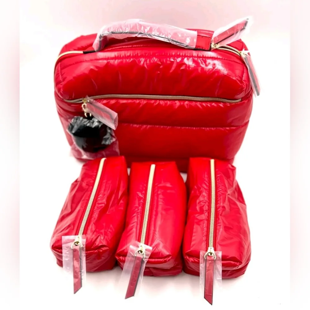 ESTÉE LAUDER Red Recycled Puffy Vanity Travel Bag Set w/3 Pouches NWT AUTHENTIC - Picture 3 of 4